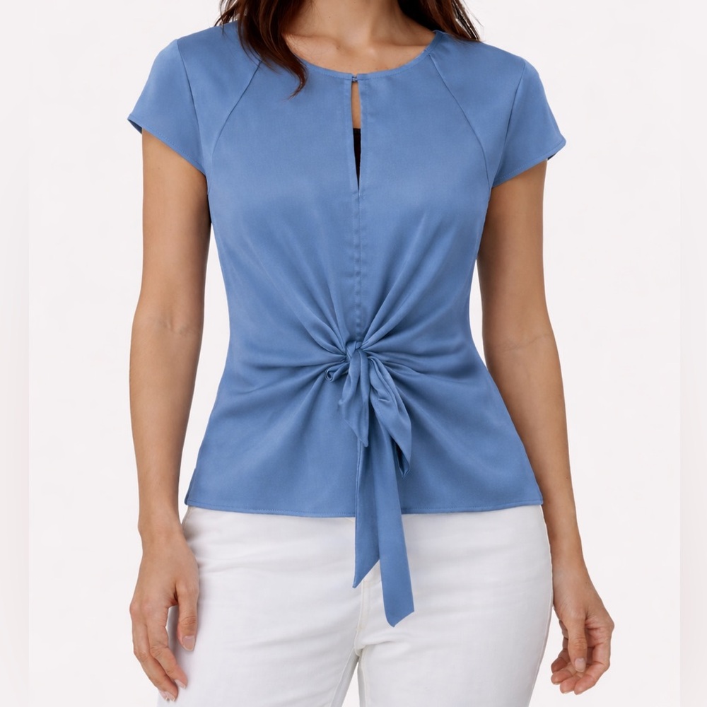 Vince Camuto Tie Front Satin Charmeuse Keyhole Blouse Blue Size Small